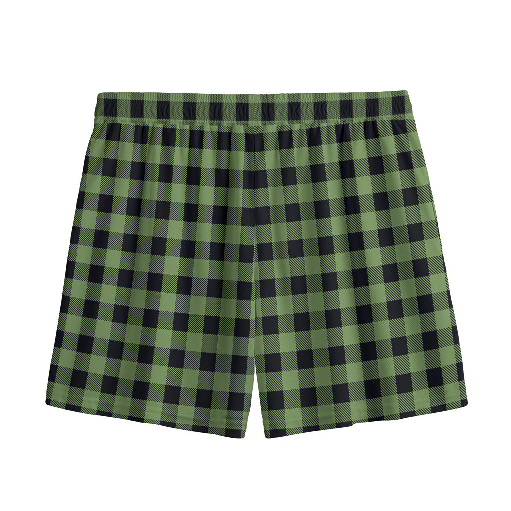 Sage Green Buffalo Check Pattern Print Mesh Shorts