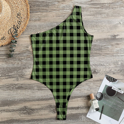 Sage Green Buffalo Check Pattern Print One Shoulder Bodysuit