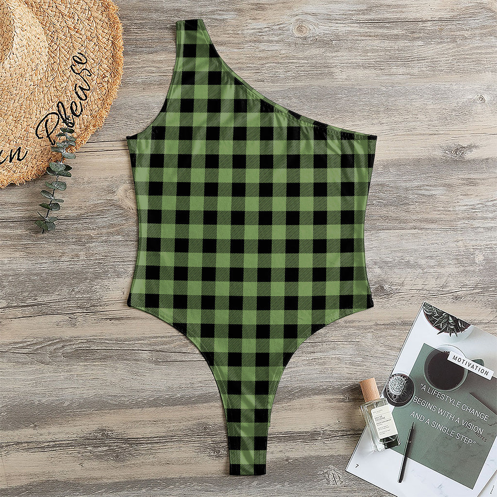 Sage Green Buffalo Check Pattern Print One Shoulder Bodysuit