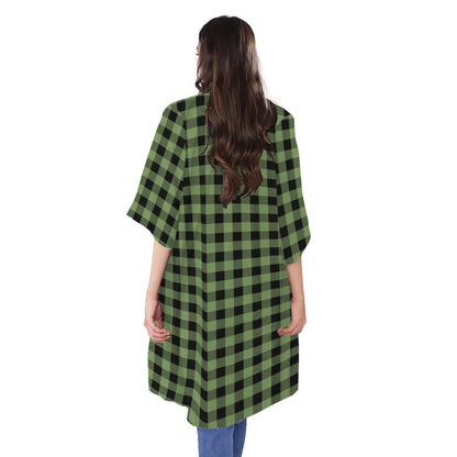 Sage Green Buffalo Check Pattern Print Open Front Beach Cover Up