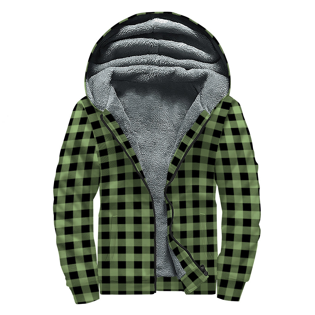 Sage Green Buffalo Check Pattern Print Sherpa Lined Zip Up Hoodie