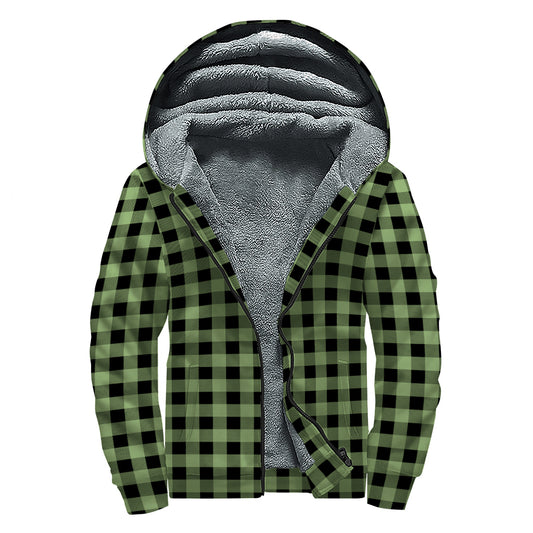 Sage Green Buffalo Check Pattern Print Sherpa Lined Zip Up Hoodie