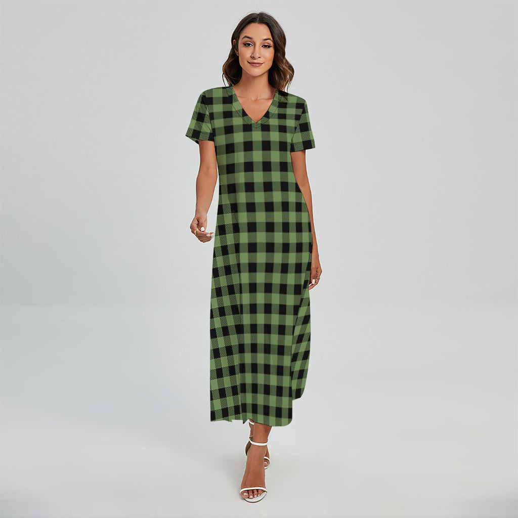 Sage Green Buffalo Check Pattern Print Short Sleeve Maxi Dress Sage Green Buffalo Check Pattern Print Short Sleeve Maxi Dress