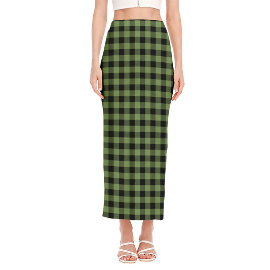 Sage Green Buffalo Check Pattern Print Side Slit Maxi Skirt