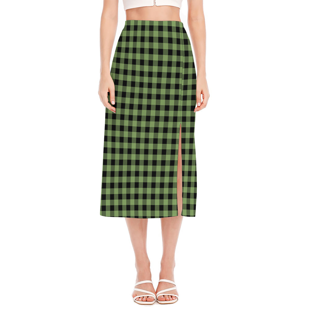 Sage Green Buffalo Check Pattern Print Side Slit Midi Skirt