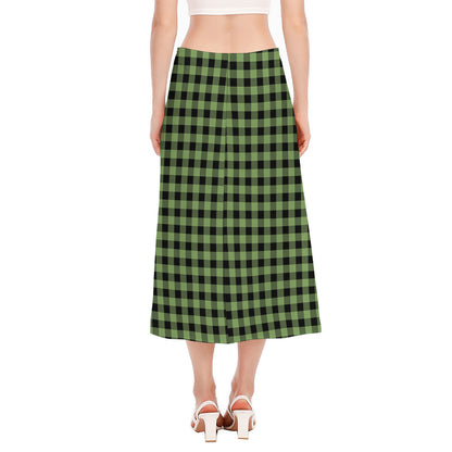 Sage Green Buffalo Check Pattern Print Side Slit Midi Skirt
