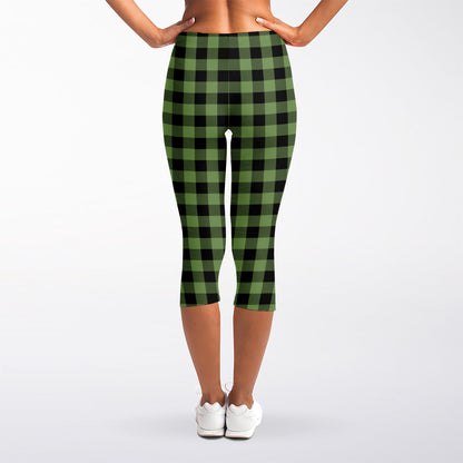Sage Green Buffalo Check Pattern Print Women's Capri Leggings