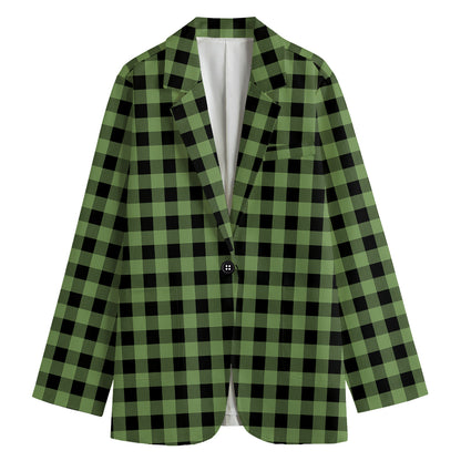 Sage Green Buffalo Check Pattern Print Women's Cotton Blazer