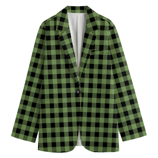 Sage Green Buffalo Check Pattern Print Women's Cotton Blazer