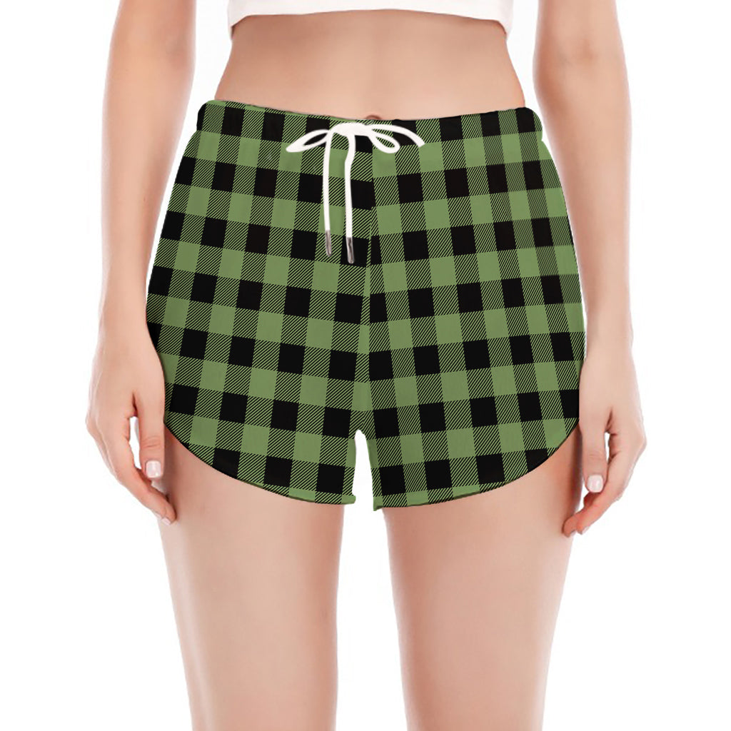 Sage Green Buffalo Check Pattern Print Women's Split Running Shorts