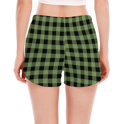 Sage Green Buffalo Check Pattern Print Women's Split Running Shorts
