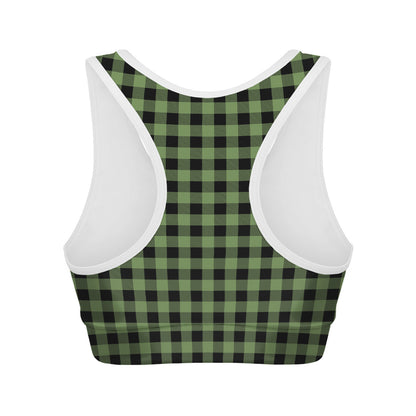Sage Green Buffalo Check Pattern Print Women's Sports Bra