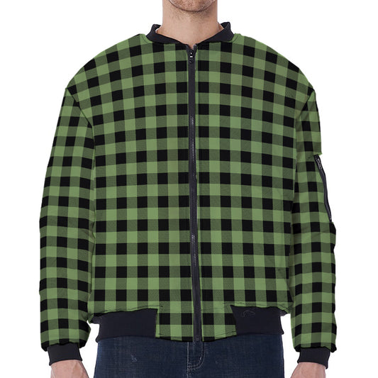 Sage Green Buffalo Check Pattern Print Zip Sleeve Bomber Jacket