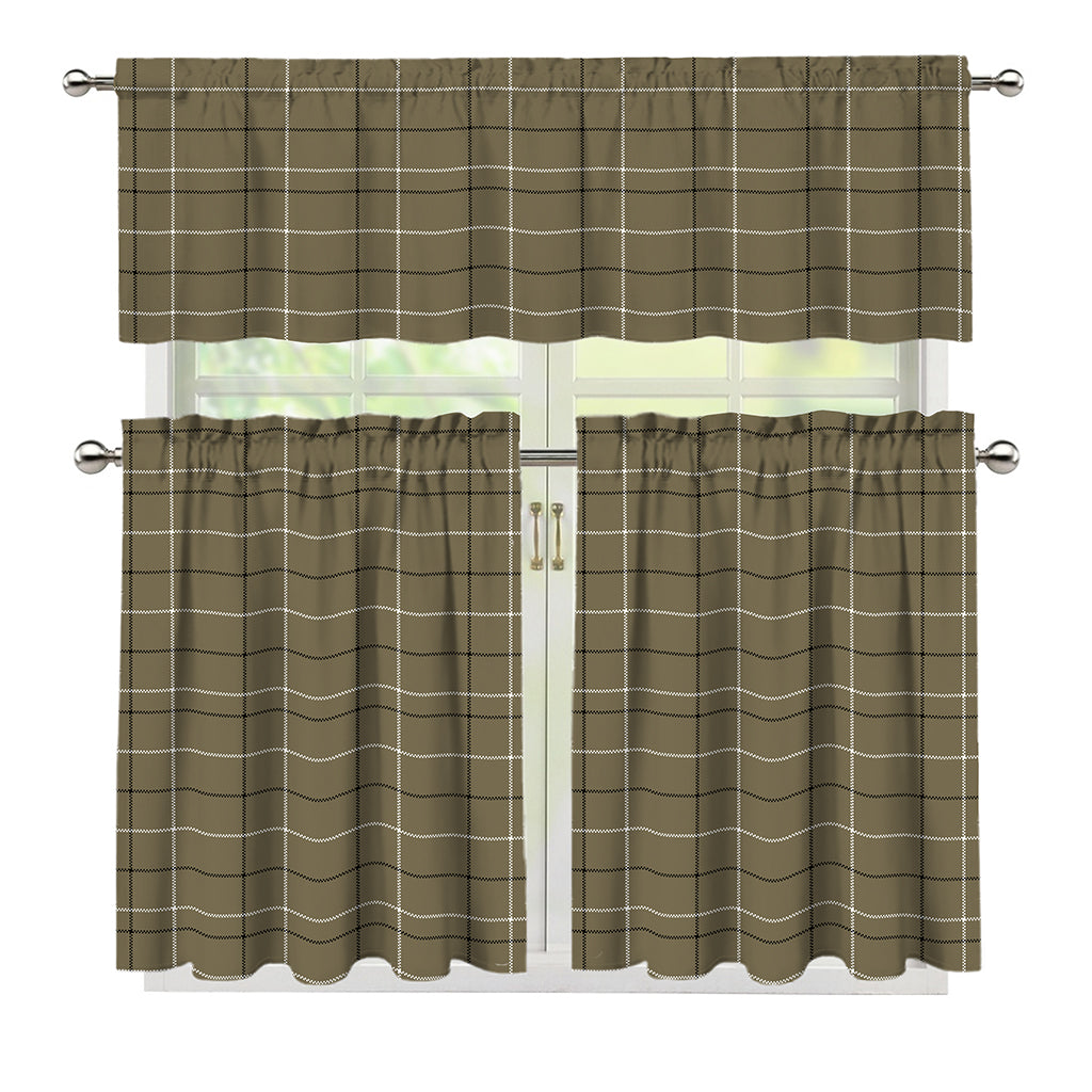 Sage Green Tattersall Pattern Print 3 Piece Kitchen Curtains