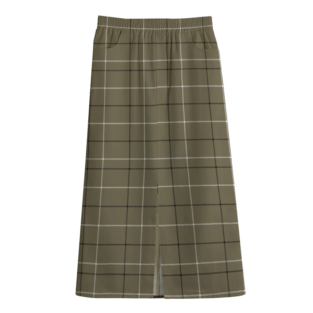 Sage Green Tattersall Pattern Print Cotton Front Slit Maxi Skirt