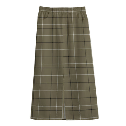 Sage Green Tattersall Pattern Print Cotton Front Slit Maxi Skirt
