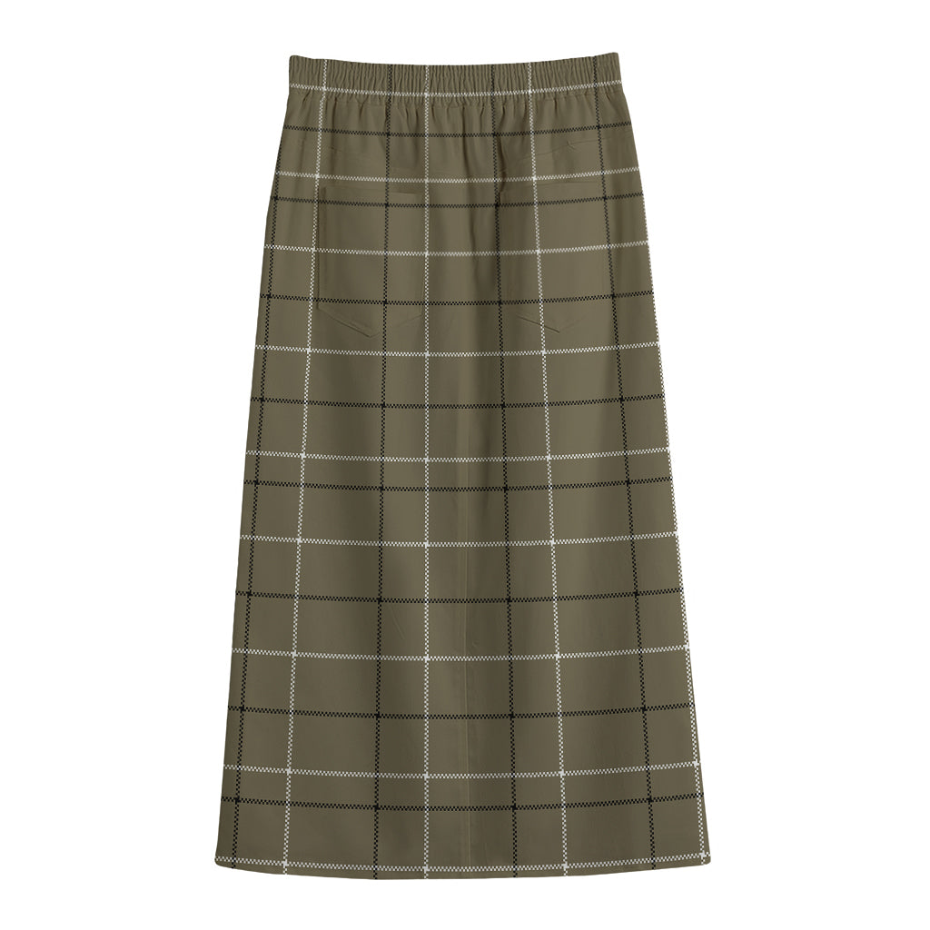 Sage Green Tattersall Pattern Print Cotton Front Slit Maxi Skirt