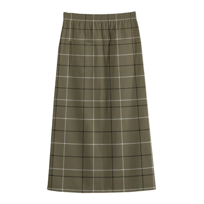 Sage Green Tattersall Pattern Print Cotton Front Slit Maxi Skirt