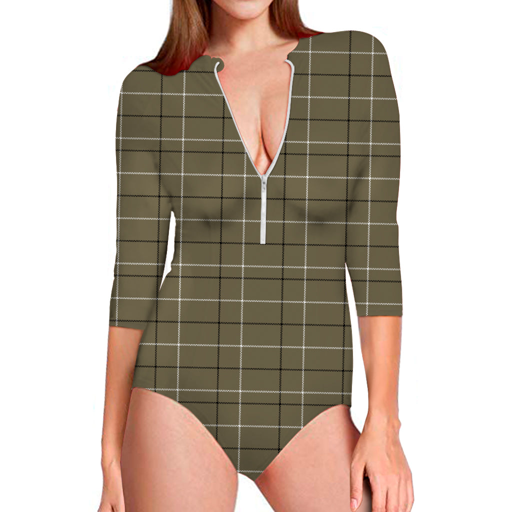 Sage Green Tattersall Pattern Print Long Sleeve Swimsuit