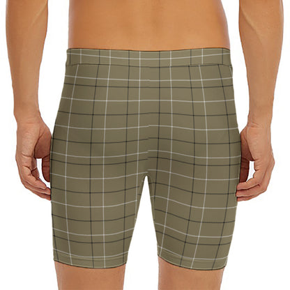 Sage Green Tattersall Pattern Print Men's Long Boxer Briefs