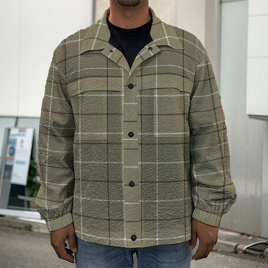 Sage Green Tattersall Pattern Print Men's Shirt Jacket