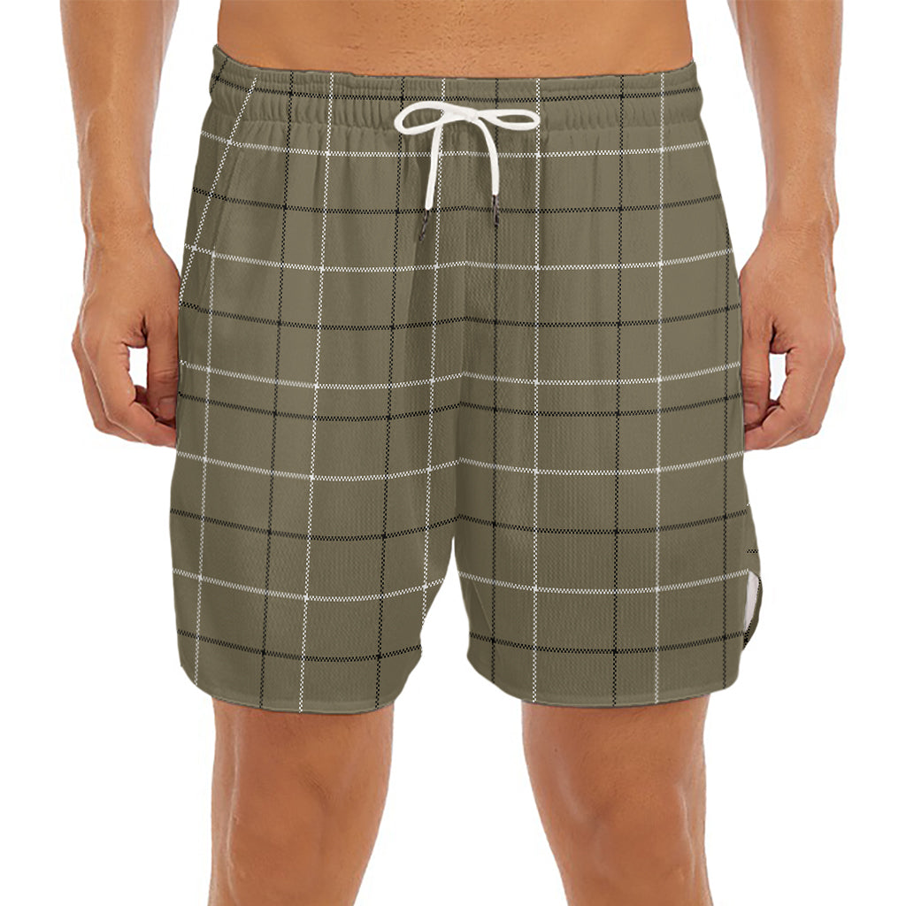 Sage Green Tattersall Pattern Print Men's Split Running Shorts