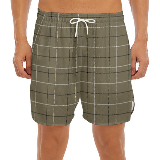 Sage Green Tattersall Pattern Print Men's Split Running Shorts