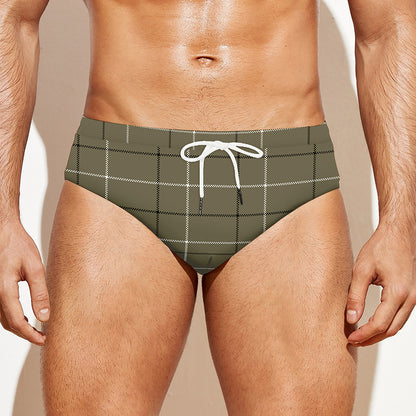 Sage Green Tattersall Pattern Print Men's Swim Briefs