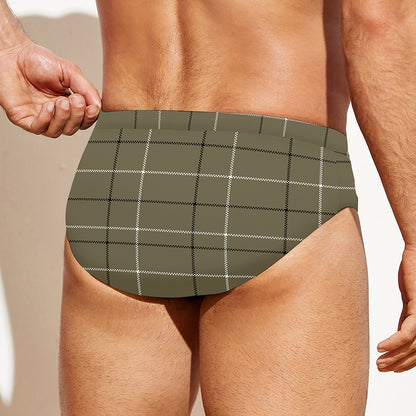 Sage Green Tattersall Pattern Print Men's Swim Briefs