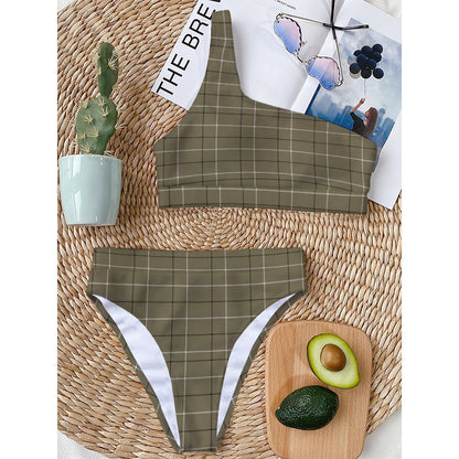 Sage Green Tattersall Pattern Print One Shoulder Bikini Top