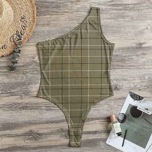 Sage Green Tattersall Pattern Print One Shoulder Bodysuit