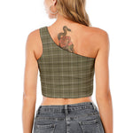 Sage Green Tattersall Pattern Print One Shoulder Crop Top