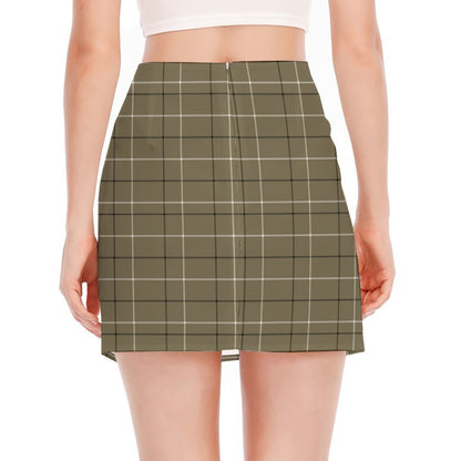 Sage Green Tattersall Pattern Print Side Slit Mini Skirt