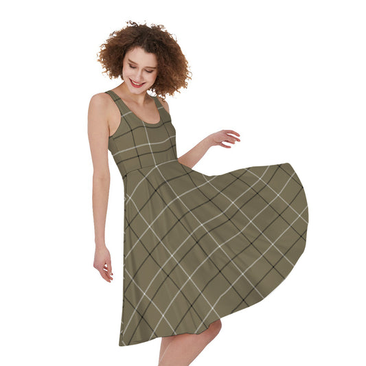 Sage Green Tattersall Pattern Print Women's Sleeveless Dress