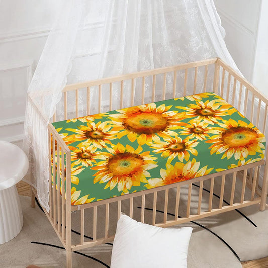 Sage Watercolor Sunflower Pattern Print Baby Crib Sheet