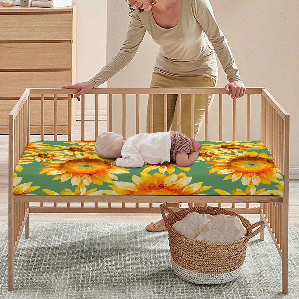 Sage Watercolor Sunflower Pattern Print Baby Crib Sheet