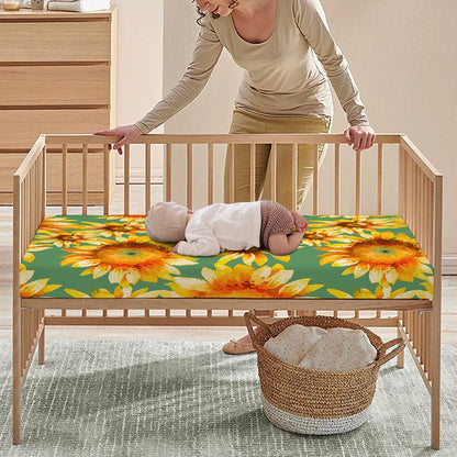 Sage Watercolor Sunflower Pattern Print Baby Crib Sheet