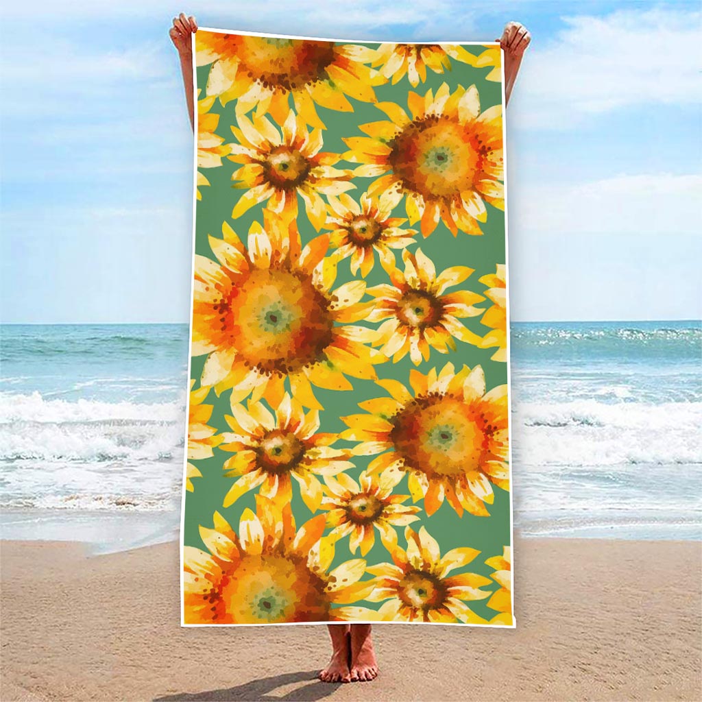 Sage Watercolor Sunflower Pattern Print Beach Towel