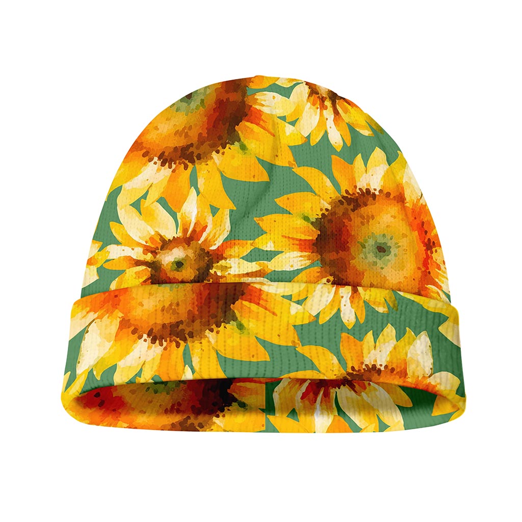 Sage Watercolor Sunflower Pattern Print Beanie
