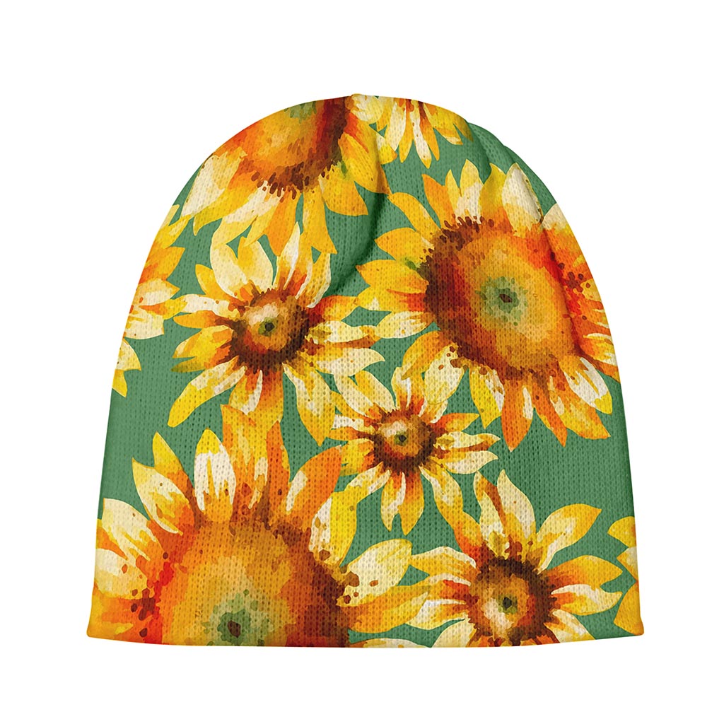 Sage Watercolor Sunflower Pattern Print Beanie