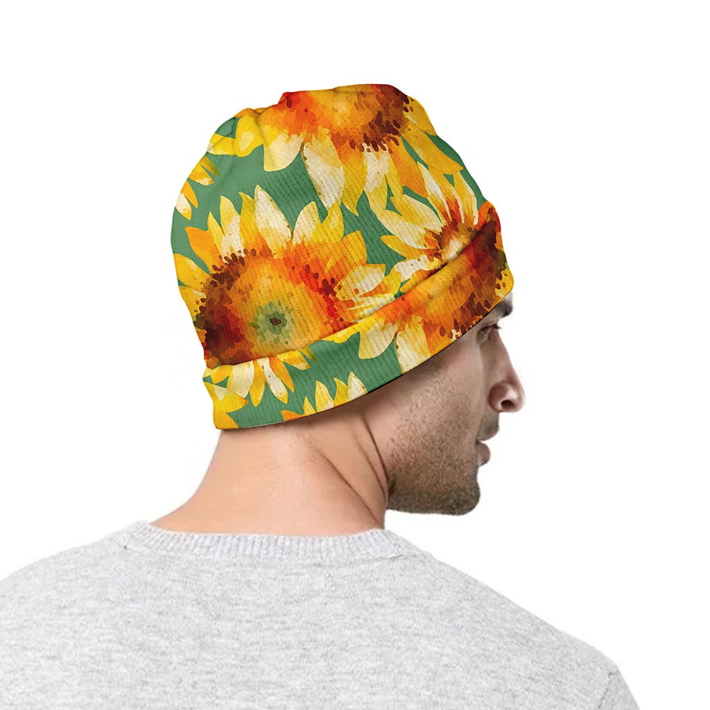Sage Watercolor Sunflower Pattern Print Beanie