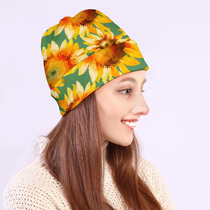 Sage Watercolor Sunflower Pattern Print Beanie