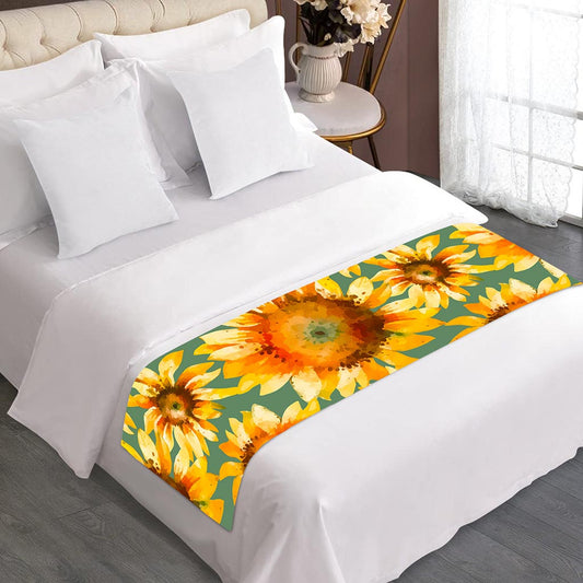 Sage Watercolor Sunflower Pattern Print Bed Runner