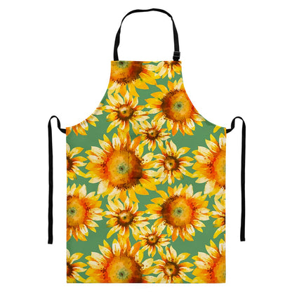 Sage Watercolor Sunflower Pattern Print Bib Apron With Pocket