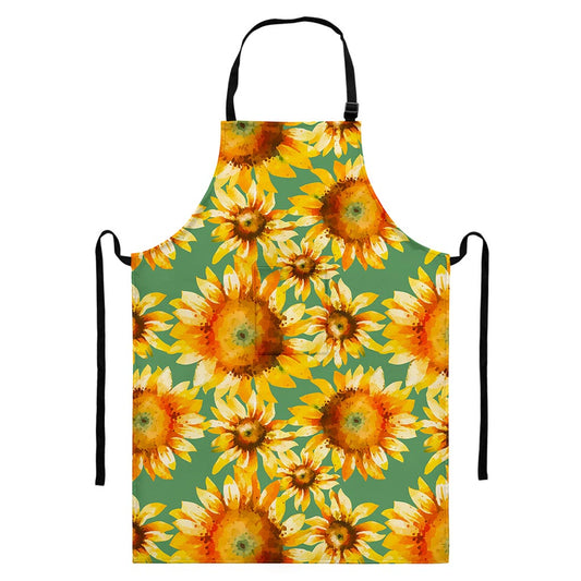 Sage Watercolor Sunflower Pattern Print Bib Apron With Pocket