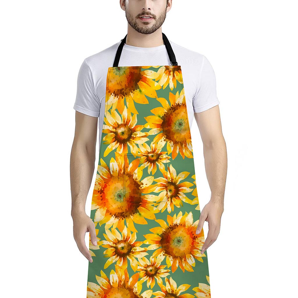 Sage Watercolor Sunflower Pattern Print Bib Apron With Pocket