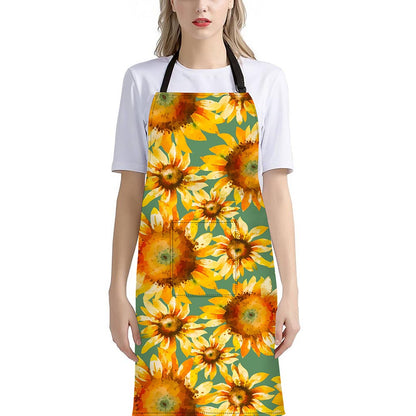 Sage Watercolor Sunflower Pattern Print Bib Apron With Pocket