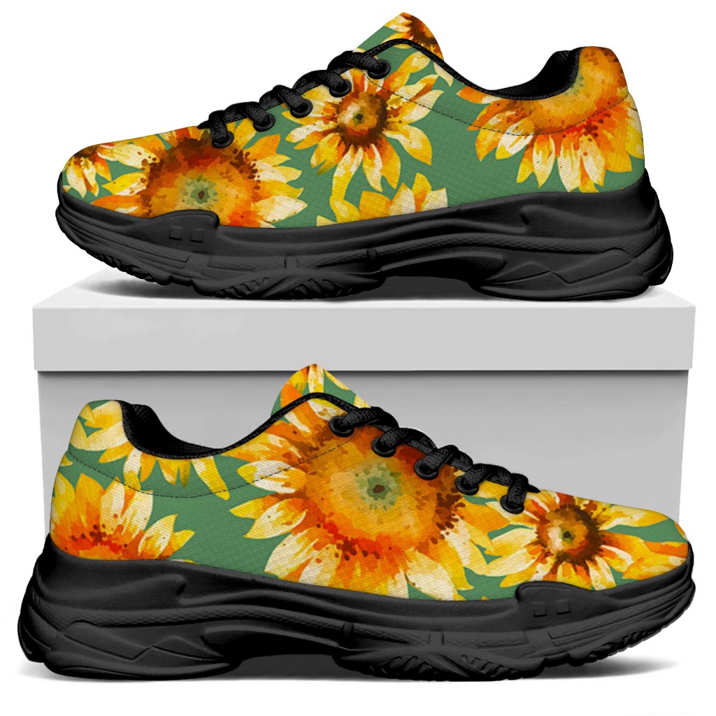Sage Watercolor Sunflower Pattern Print Black Chunky Shoes