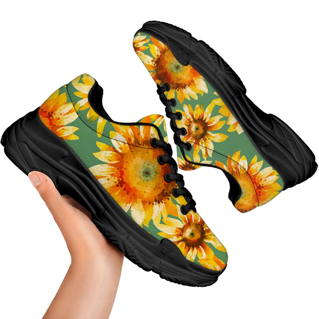 Sage Watercolor Sunflower Pattern Print Black Chunky Shoes