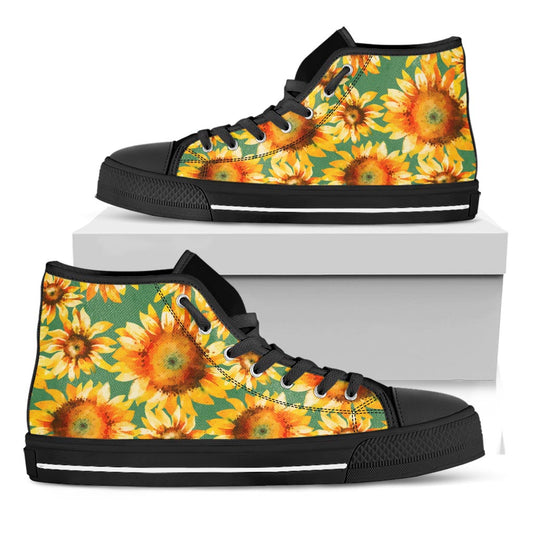 Sage Watercolor Sunflower Pattern Print Black High Top Sneakers